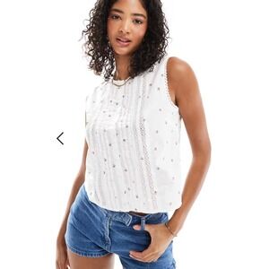 Levi's XL Lorelai White Floral Pintuck Lace Trim Sleeveless Button Up Blouse